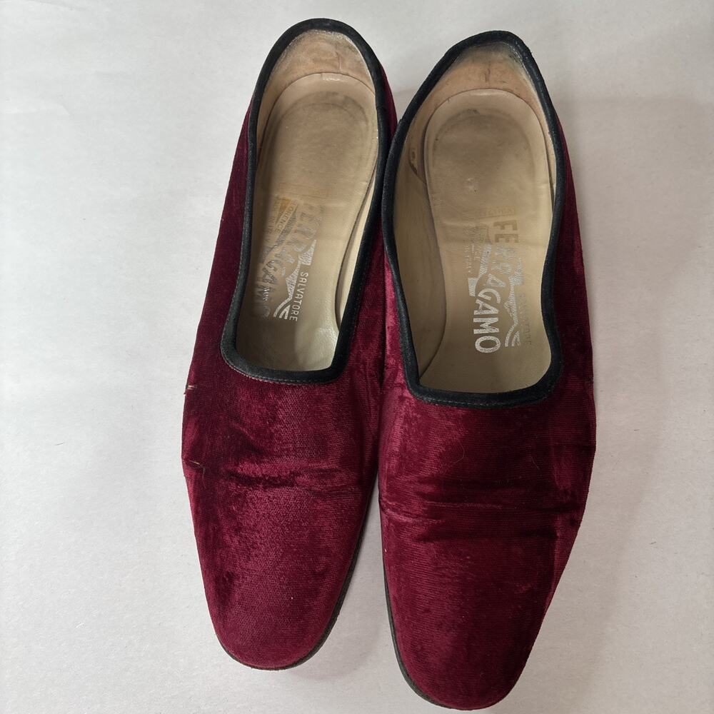 Salvatore Ferragamo Womens‎ Red Velvet Loafers 7 Designer Dark Romantic Gothic - Picture 3 of 11